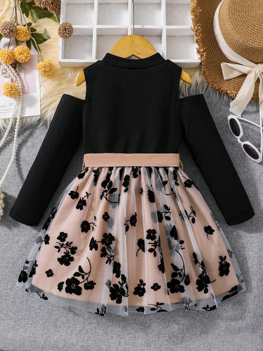 Young Girl Floral Pattern Mesh Overlay Cold Shoulder Belted Dress