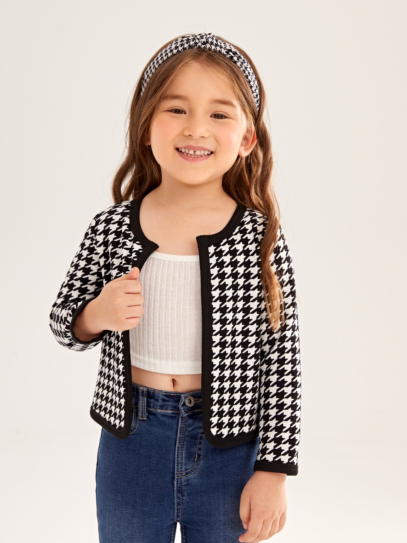 SHEIN Kids FANZEY Young Girl Houndstooth Print Contrast Binding Open Front Jacket