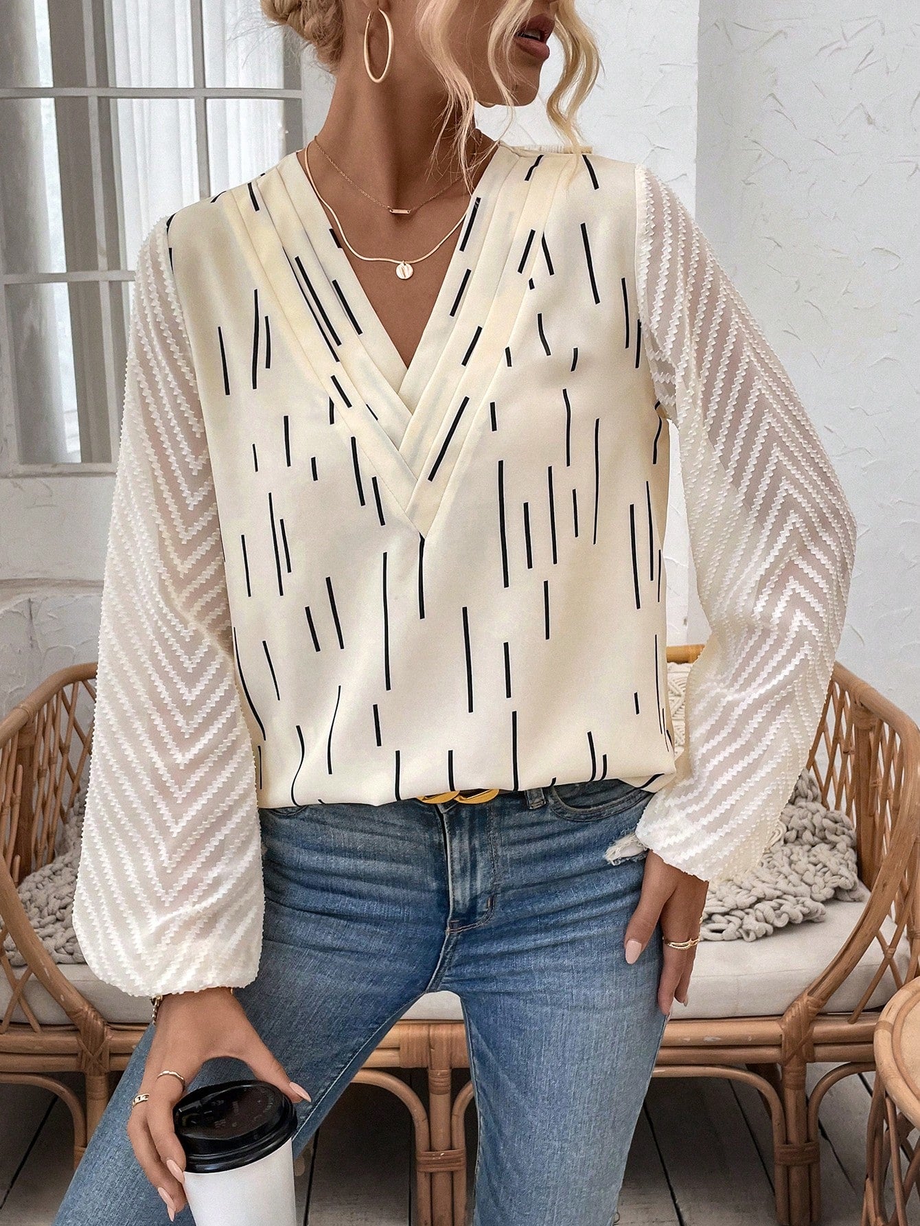 SHEIN LUNE Sheer Mesh Splicing V-Neck Long Sleeve Shirt