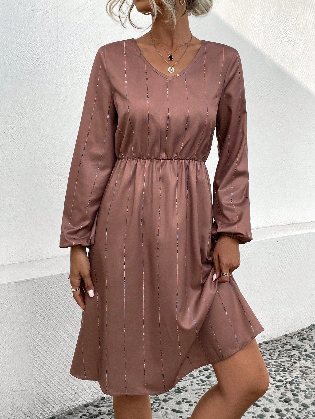 SHEIN LUNE Striped Print Lantern Sleeve Dress