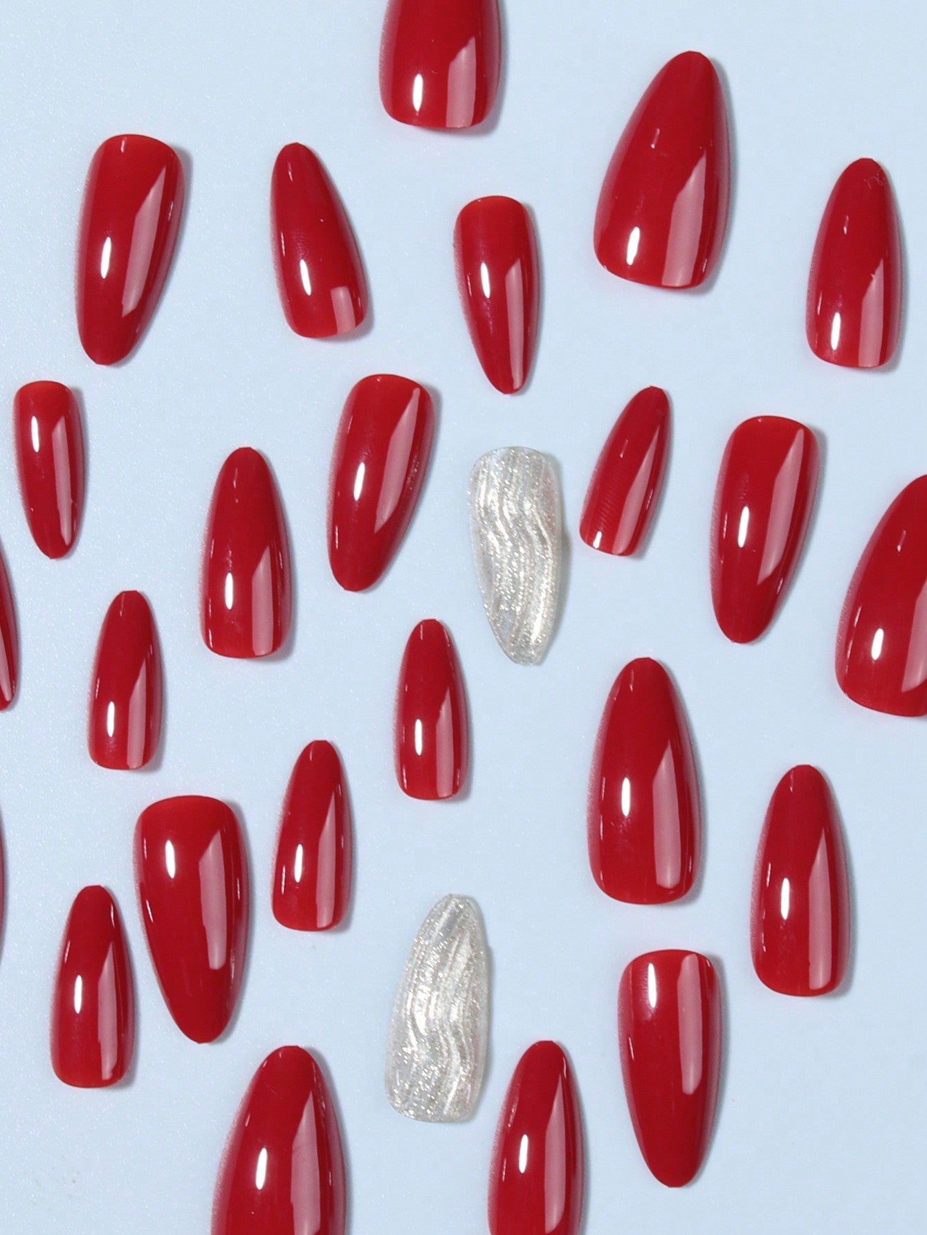 26Pcs Press on Nails Long Almond Red & 3D Water Ripples Design Fake Nail Set , Contain 1Pcs Jelly Glue and 1Pcs Nail File, for Nail Art Decorations by Women & Girls