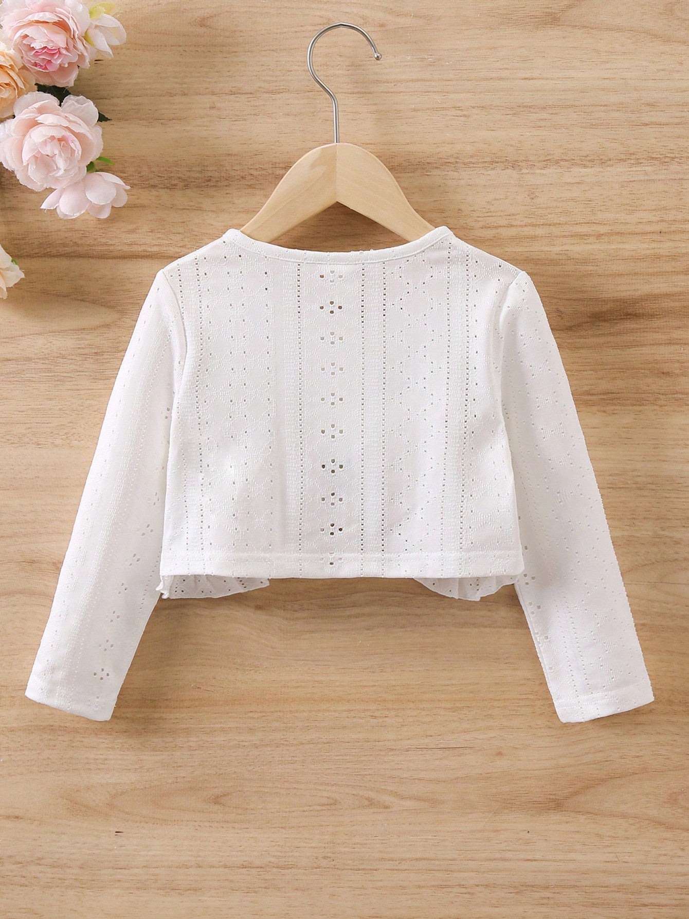 SHEIN Kids FANZEY Young Girl Ruffle Trim Eyelet Embroidery Crop Jacket