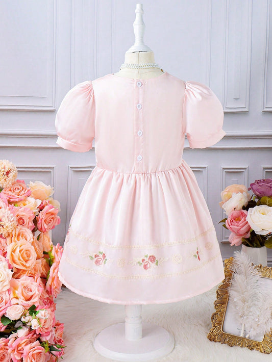 SHEIN Kids SUNSHNE Toddler Girls Floral Embroidery Puff Sleeve Dress