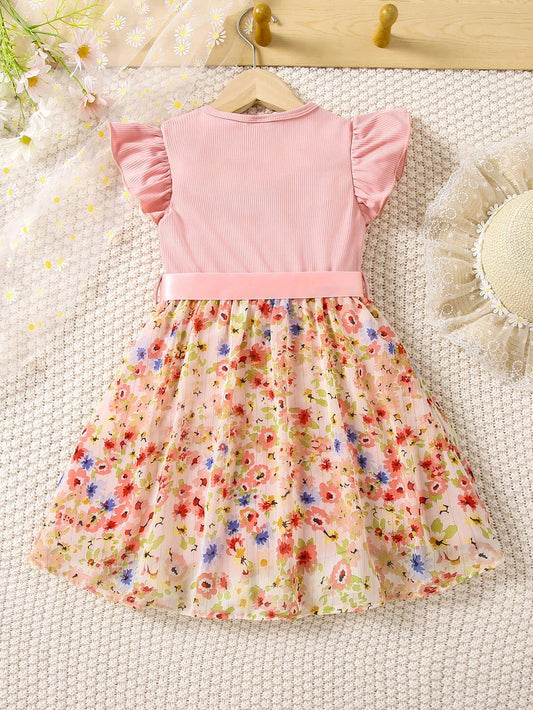SHEIN Kids Qtfun Little Girls' Floral Print Flying Sleeve Dress with Belt, Summer