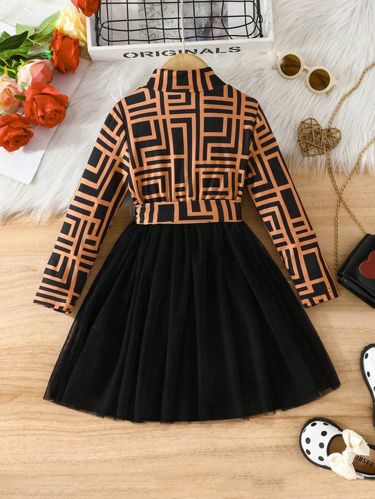 SHEIN Kids CHARMNG Young Girls' Romantic Mesh Splice Full Printed Long Sleeve Dress, Fall and Winter