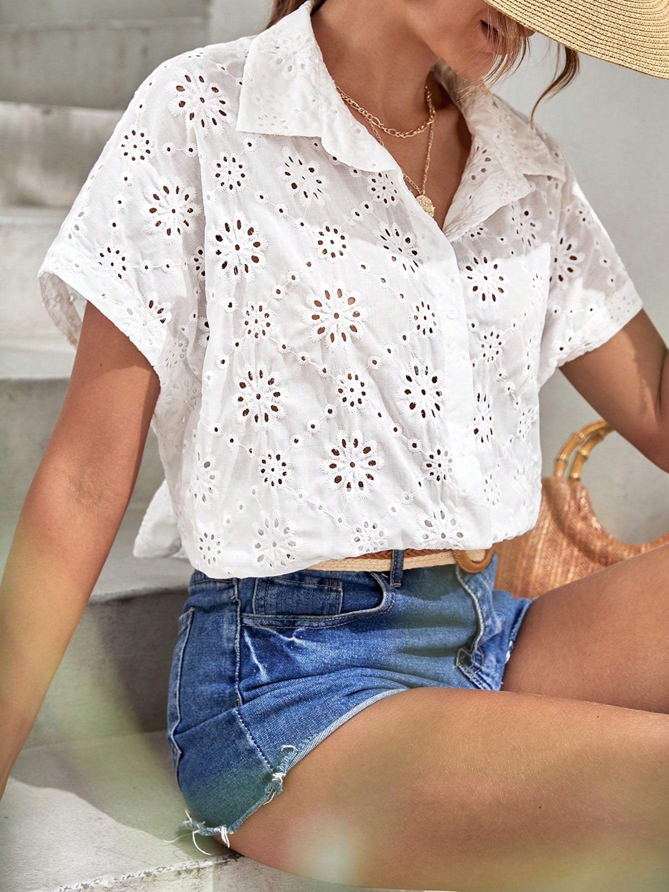 SHEIN Frenchy Eyelet Embroidery Batwing Sleeve Shirt