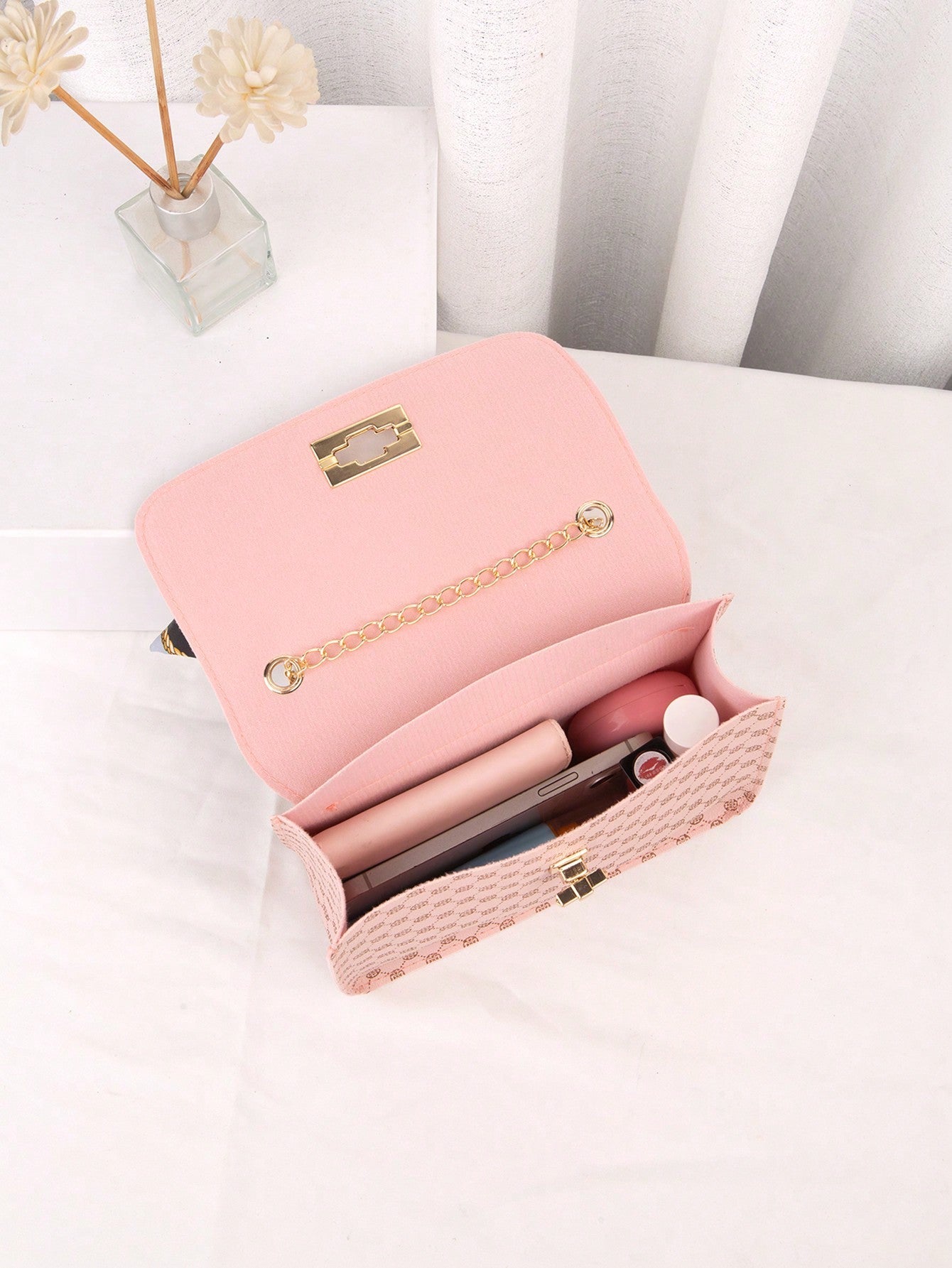 Mini Twilly Scarf Decor Turn Lock Square Bag Fashionable Leather Bag