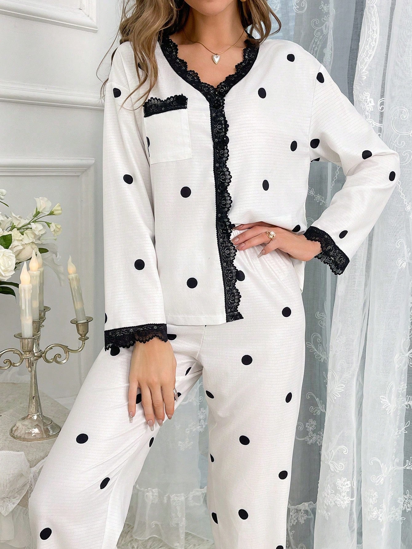 Polka Dot Print Contrast Lace Satin PJ Set