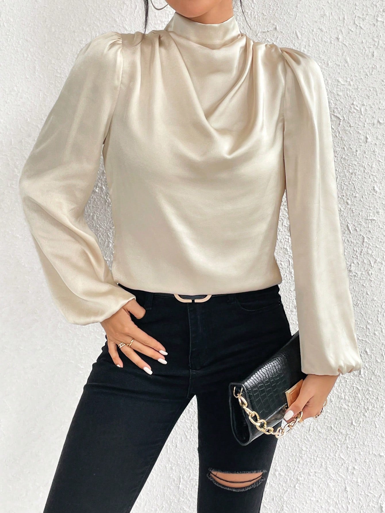 SHEIN Privé Women'S Solid Color Half High Collar Lantern Sleeve Blouse