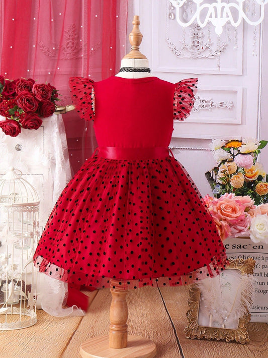 SHEIN Kids EVRYDAY Little Girls' Polka Dot Mesh Flying Sleeve Dress with Belt for Spring