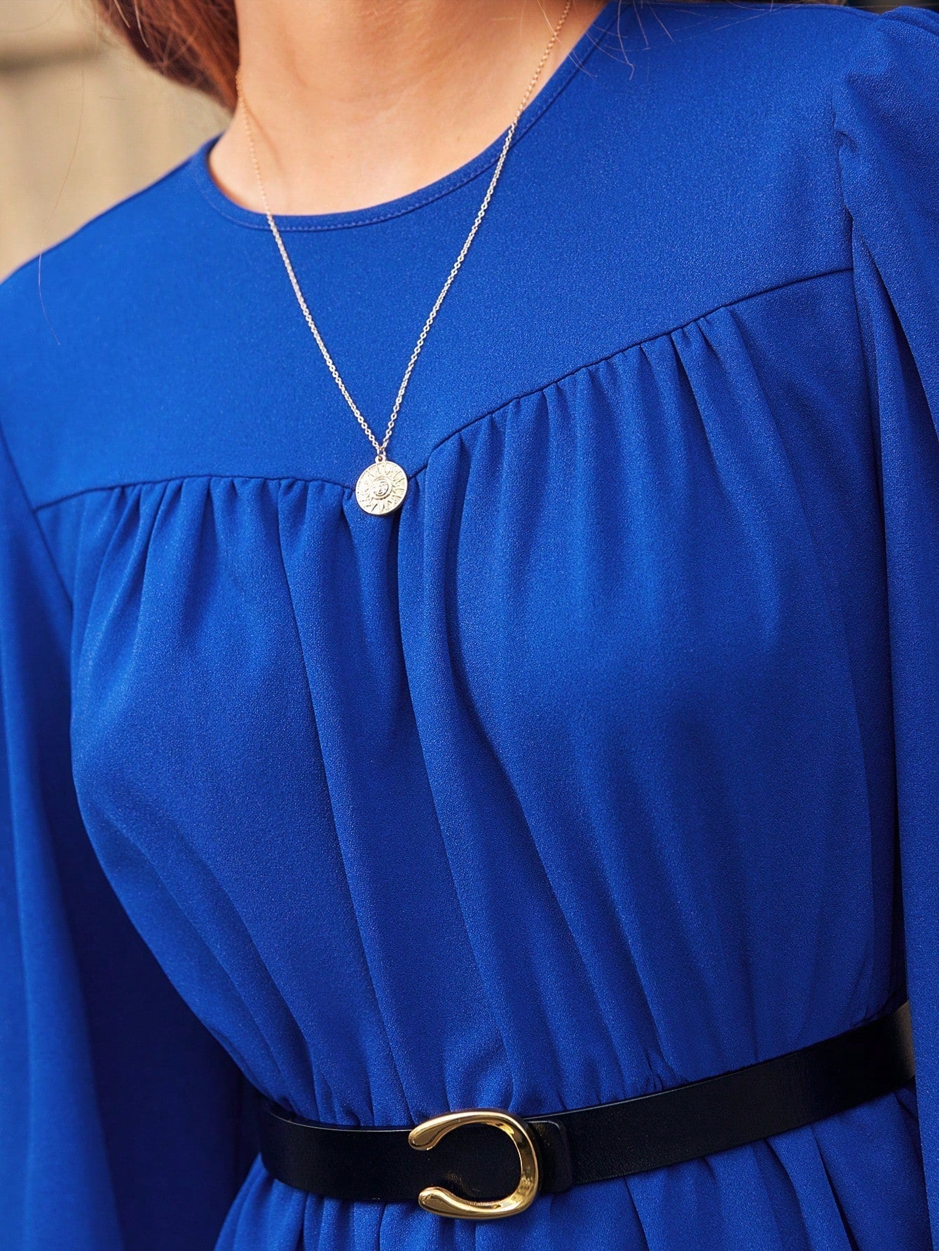 SHEIN Frenchy Lantern Sleeve Fold Pleated Detail Dress without Belt