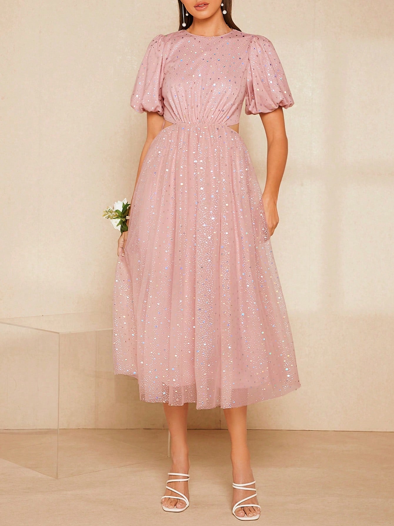 SHEIN Belle Puff Sleeve Cut Out Backless Mesh Overlay Sequin Star Pattern Bridesmaid Dress