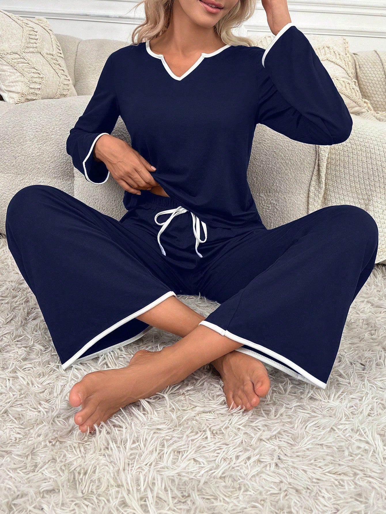Contrast Binding Notched Neckline Knot Front Lounge Set