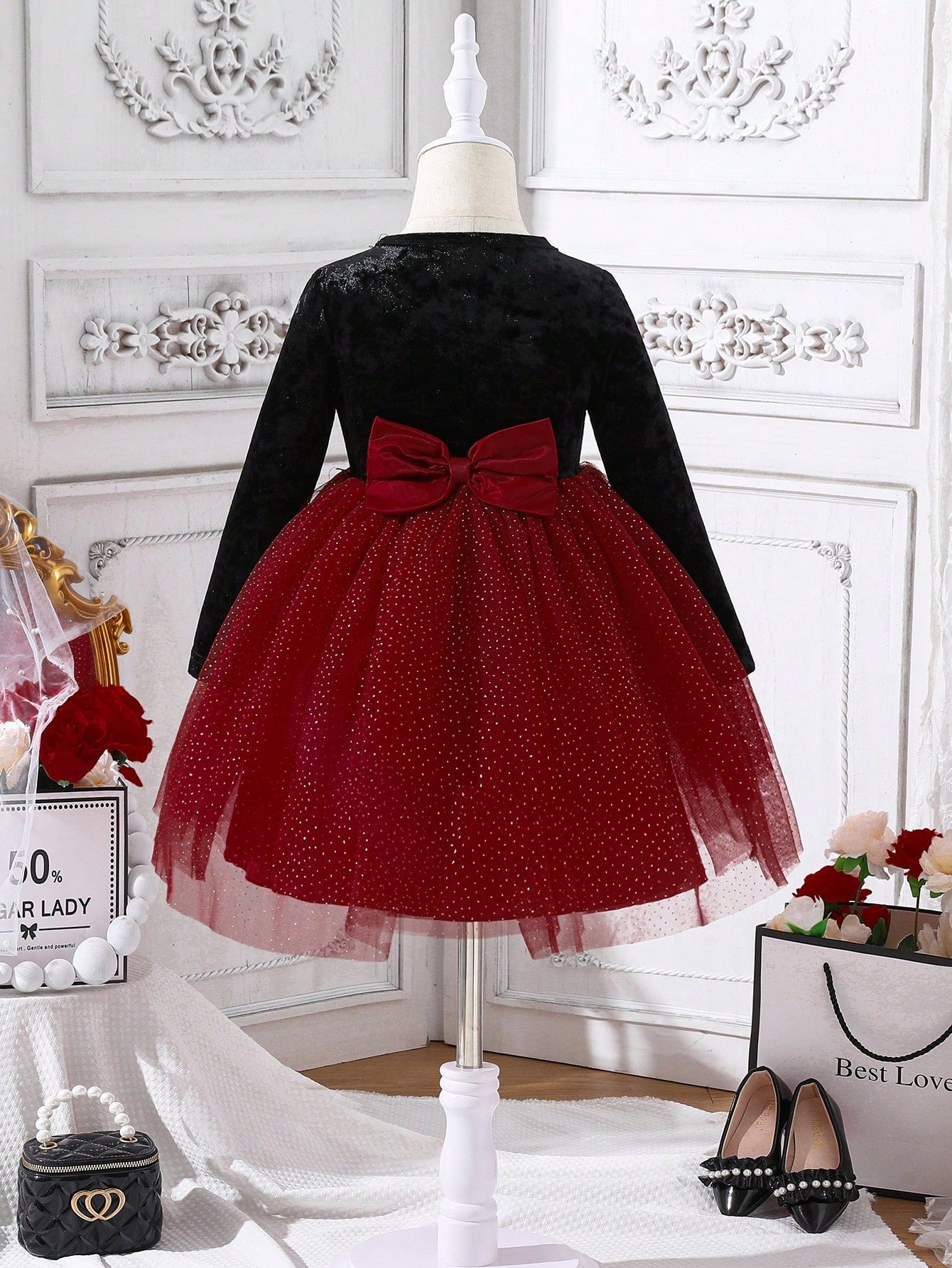 SHEIN Kids KDOMO Little Girls' Beaded Work Party Dress with Mesh for Autumn