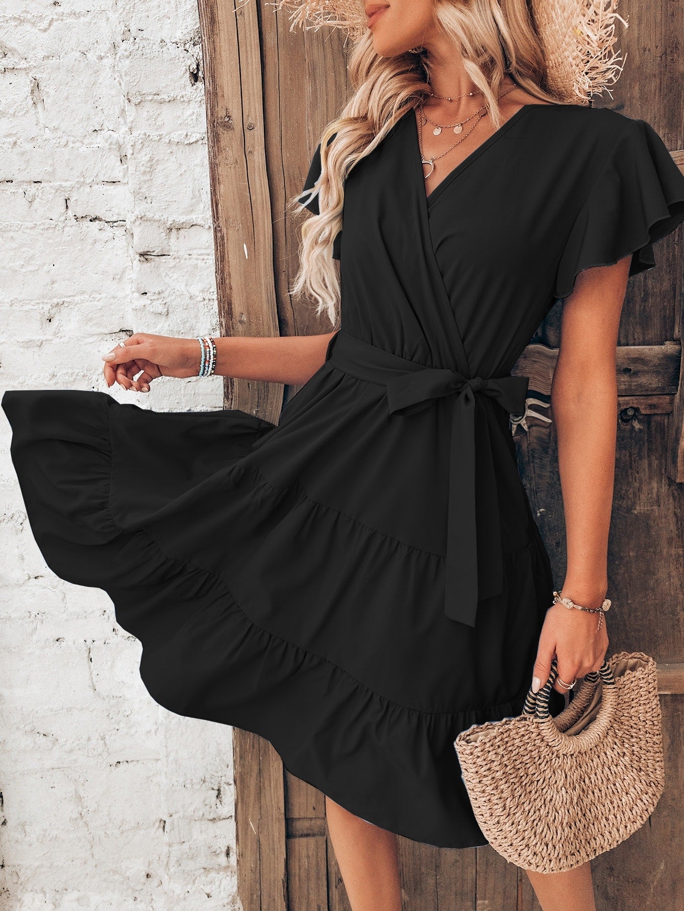 SHEIN VCAY Butterfly Sleeve Ruffle Hem Belted Dress