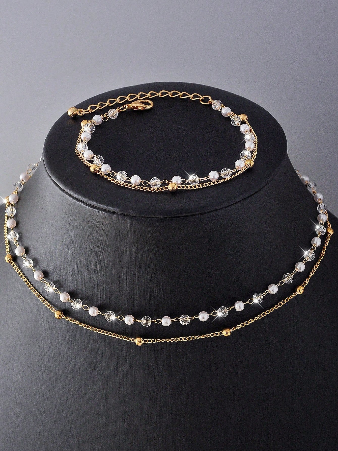 2Pcs Fashionable Luxurious Style Crystal & Faux Pearl Decorated Bracelet & Necklace Set for Women & Girls Suitable for Dating, Holiday, Party, Gift, and Daily Wear