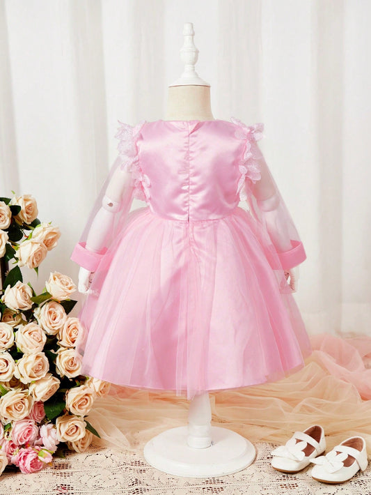 Young Girl Appliques Detail Mesh Overlay Dress