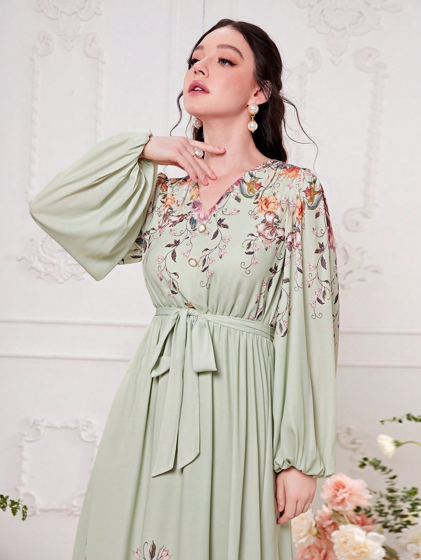 SHEIN Modely Floral Print Lantern Sleeve Belted Dress