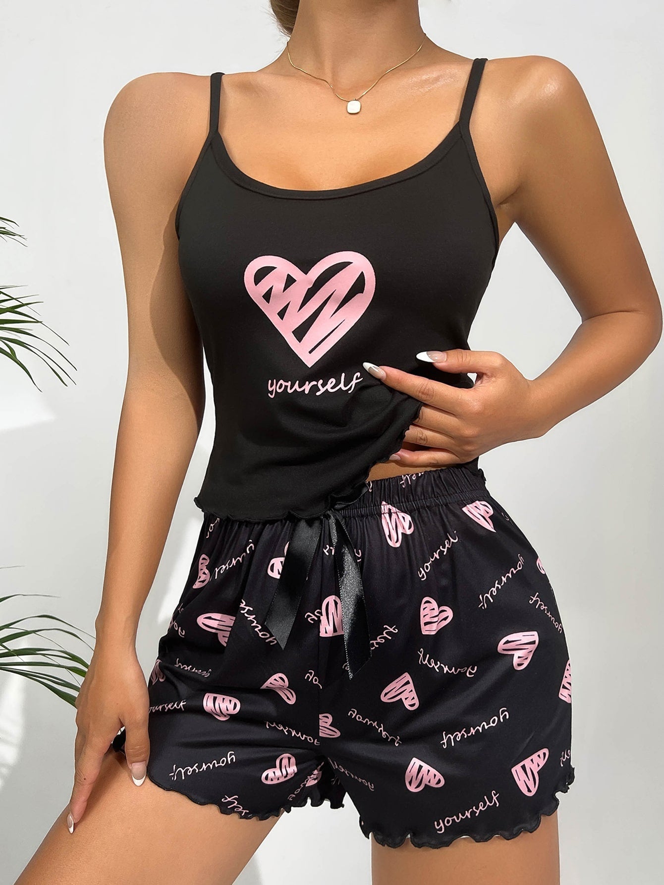 Heart & Letter Graphic Lettuce Trim Cami Top & Shorts PJ Set
