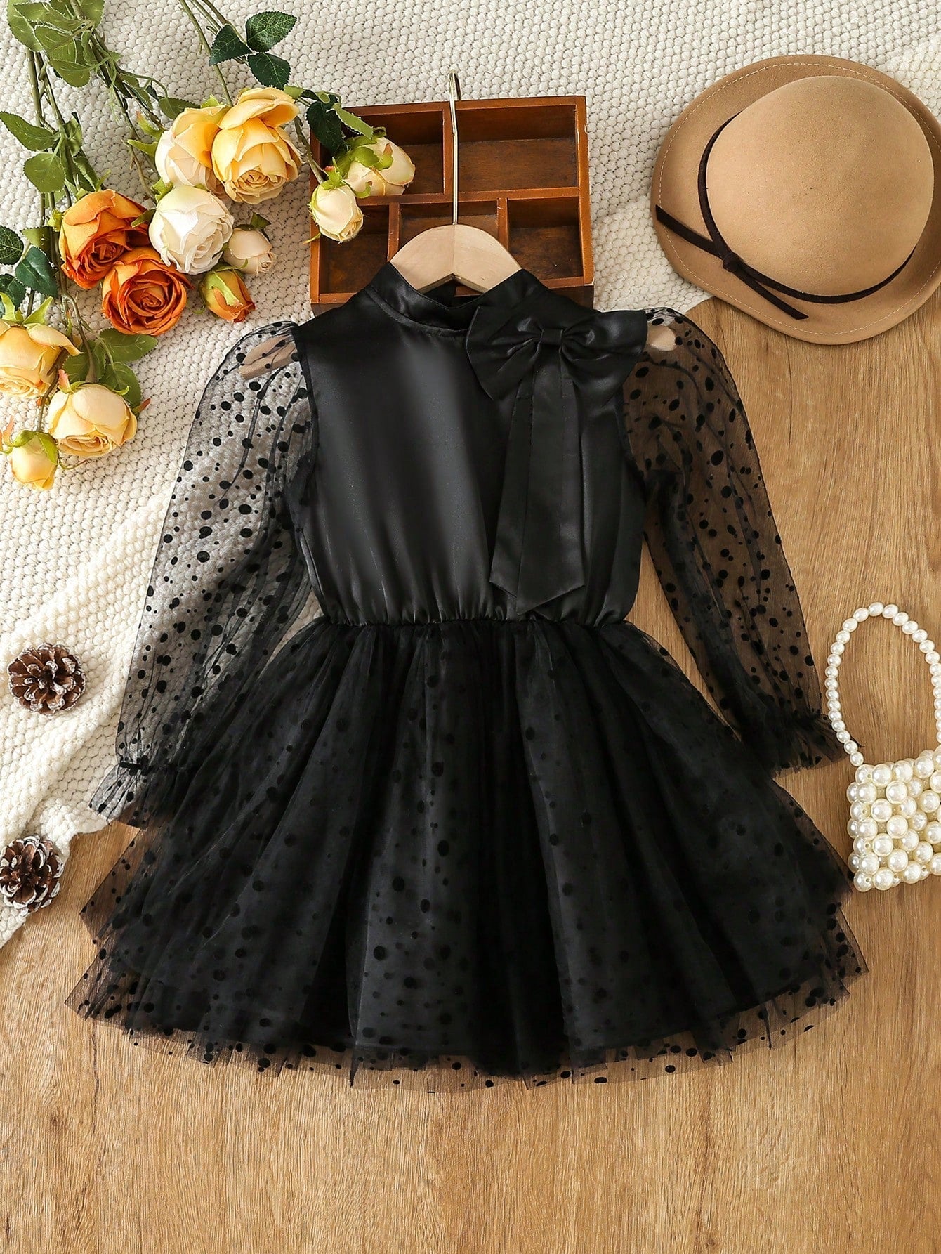 Young Girl Contrast Dobby Mesh Flare Sleeve Mock Neck Dress