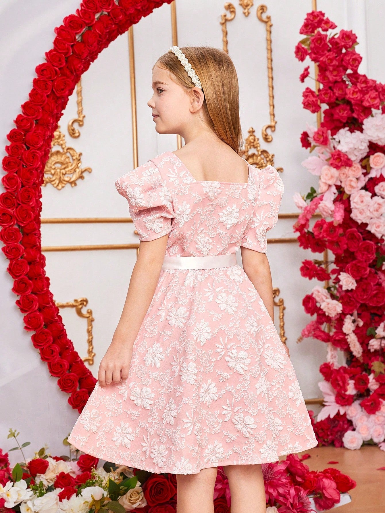 SHEIN Kids EVRYDAY Tween Girls' Flower Jacquard Leg-Of-Mutton Sleeve Dress