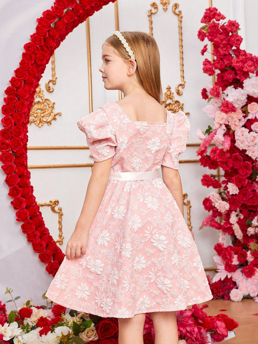 SHEIN Kids EVRYDAY Tween Girls' Flower Jacquard Leg-Of-Mutton Sleeve Dress