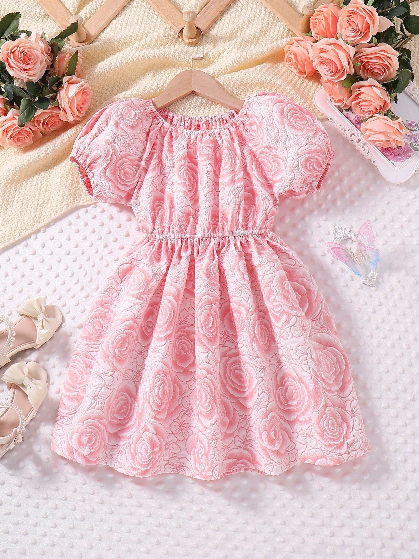 SHEIN Kids CHARMNG Little Girls' Romantic & Gorgeous Floral Print Puff Sleeve A-Line Party Dress for Spring/Summer