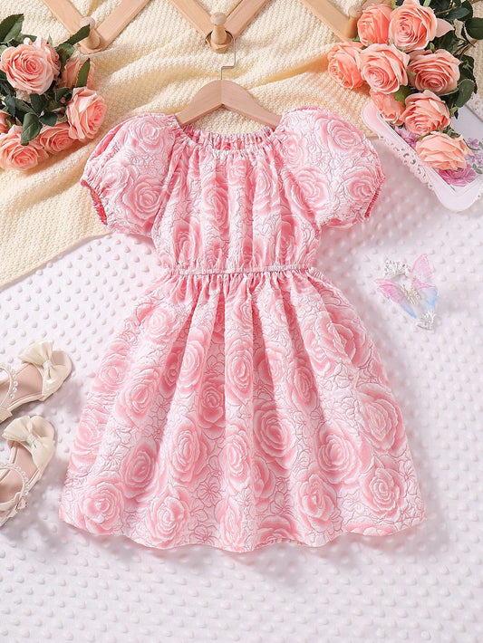SHEIN Kids CHARMNG Little Girls' Romantic & Gorgeous Floral Print Puff Sleeve A-Line Party Dress for Spring/Summer