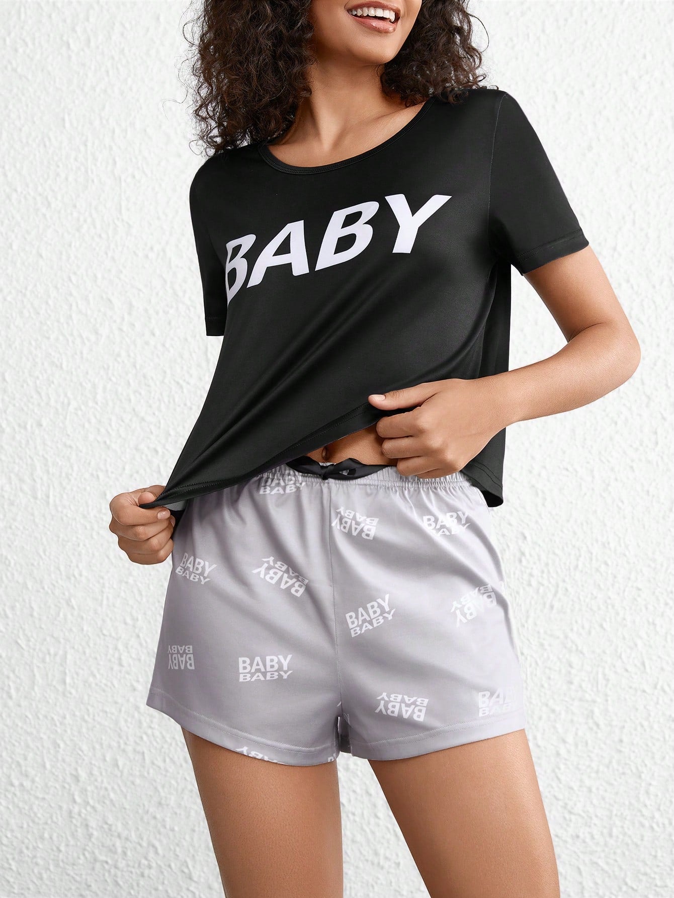Short Sleeve T-Shirt and Shorts Set with Text Design for Women'S Pajamas