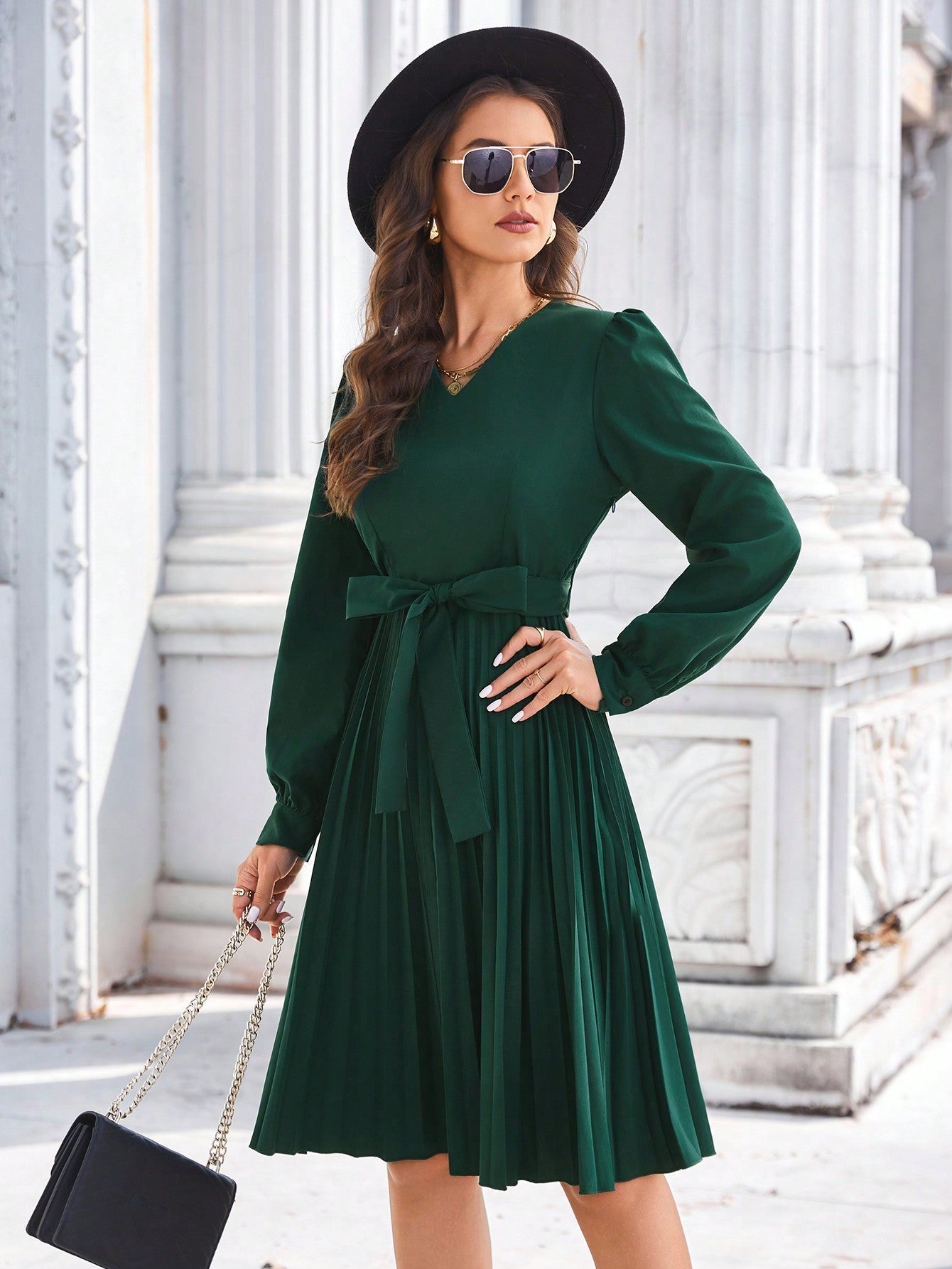 Puff Sleeve Self Belted Pleated Dress