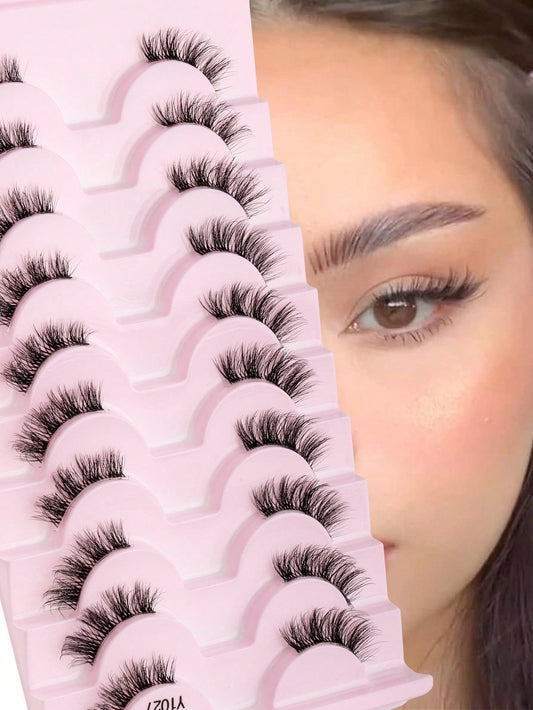 False Eyelashes Strip, 10 Pairs of Crossed & Fluffy & Curly Half Eye Lashes with Invisible Stem, 3D Synthetic Mink Fur Handmade Extension 7-10Mm, Great for Women'S Party Makeup
