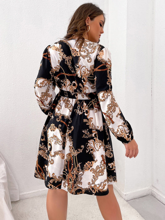 Plus Baroque Print Surplice Neck Shirred Bishop Sleeve Dress