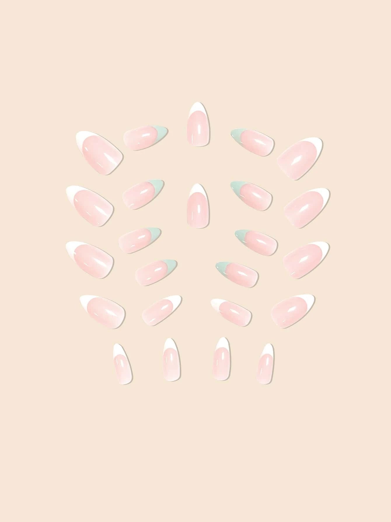 24Pcs/Set Water Drop Shaped False Nails with Blue and White French Manicure Style, Almond Shape with Pointed Tips, Including Jelly Glue and Nail File