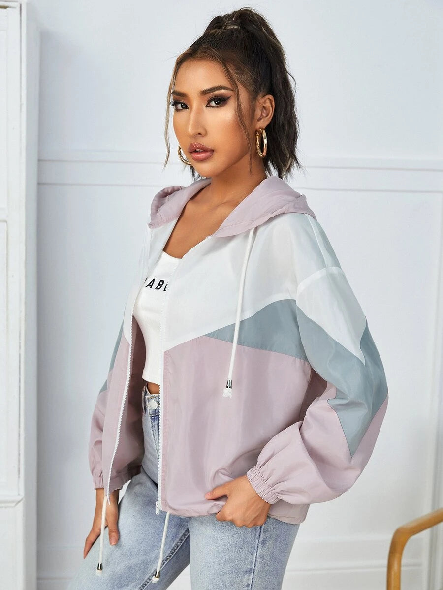 SHEIN PETITE جاكيت نسائي بغطاء رأس وسحاب وأربطة قابلة للسحب