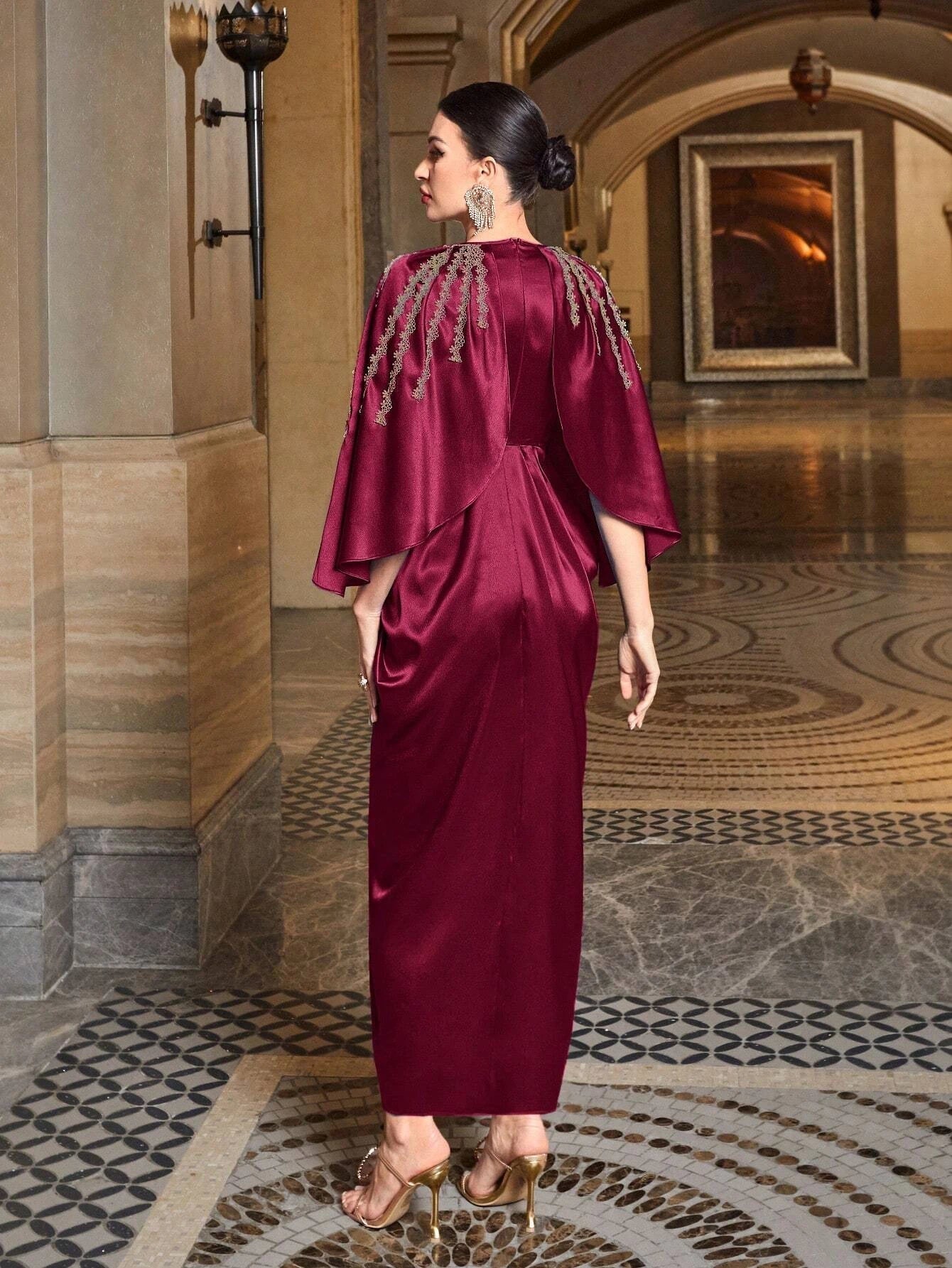 Modely Rhinestone Detail Batwing Sleeve Wrap Hem Dress