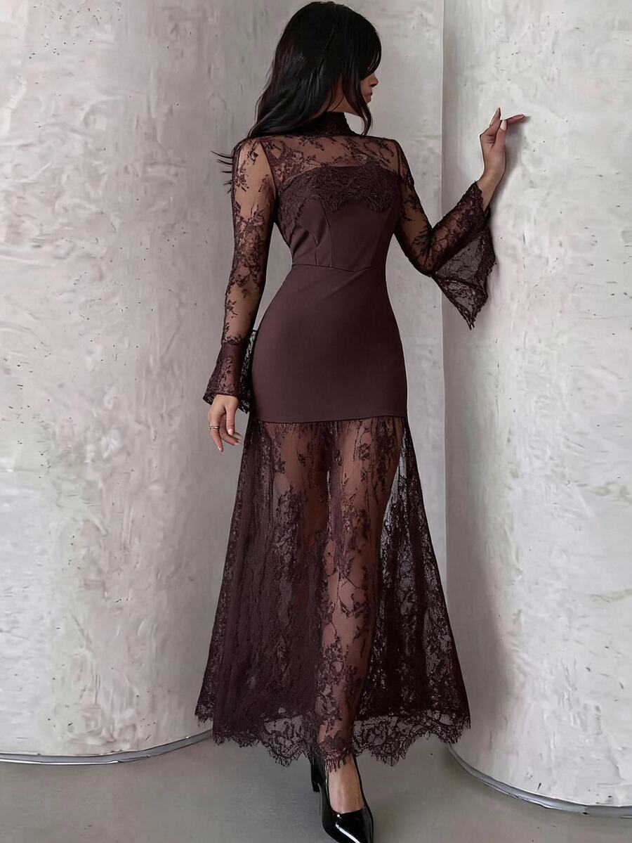 SHEIN Firerie فستان بني بأكمام طويلة وتفاصيل دانتيل وشريط شفاف