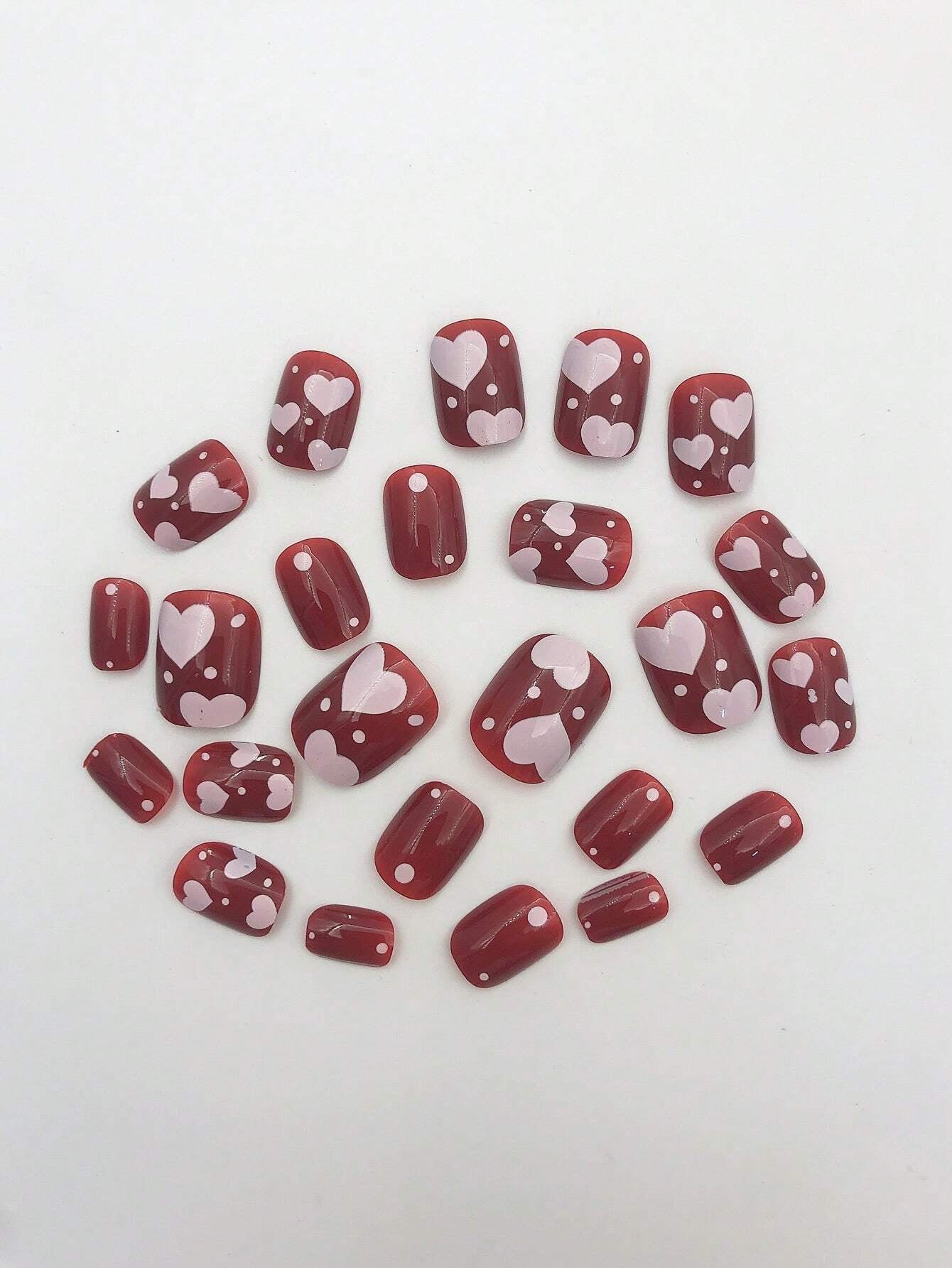 Elevate Your Style with 24Pcs Short Square Bright Red White Heart Pattern Full Cover Fake Nail Set