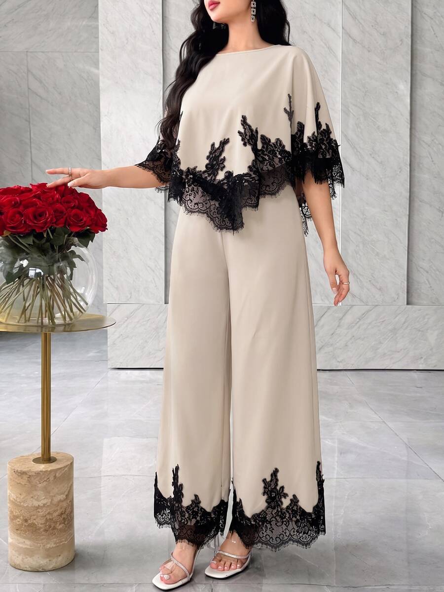 SHEIN Modelyn طقم نسائي قطعتين بلوزة مزينة بالدانتيل وبنطلون واسع الساق