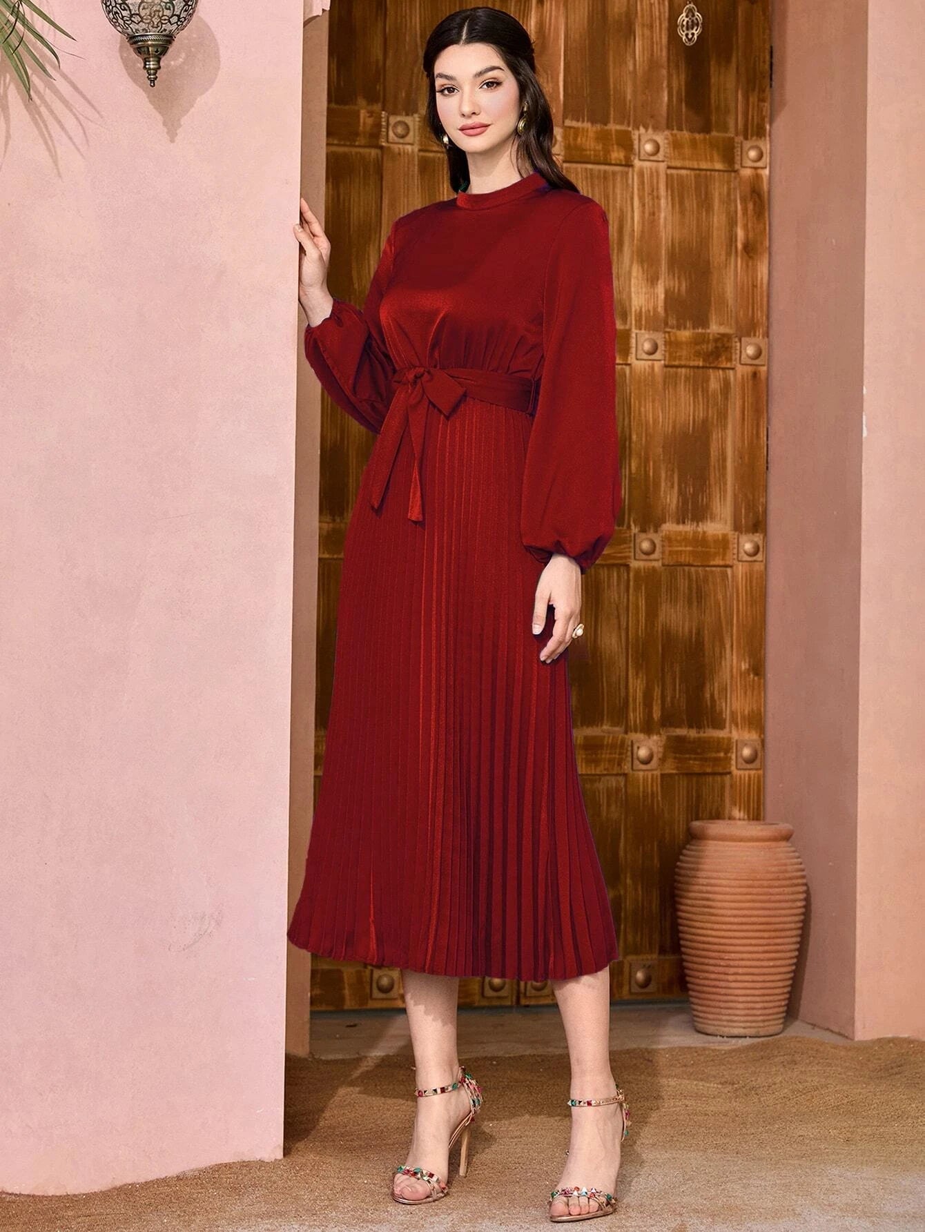 Mulvari Women'S Lantern Sleeve Pleated Dress