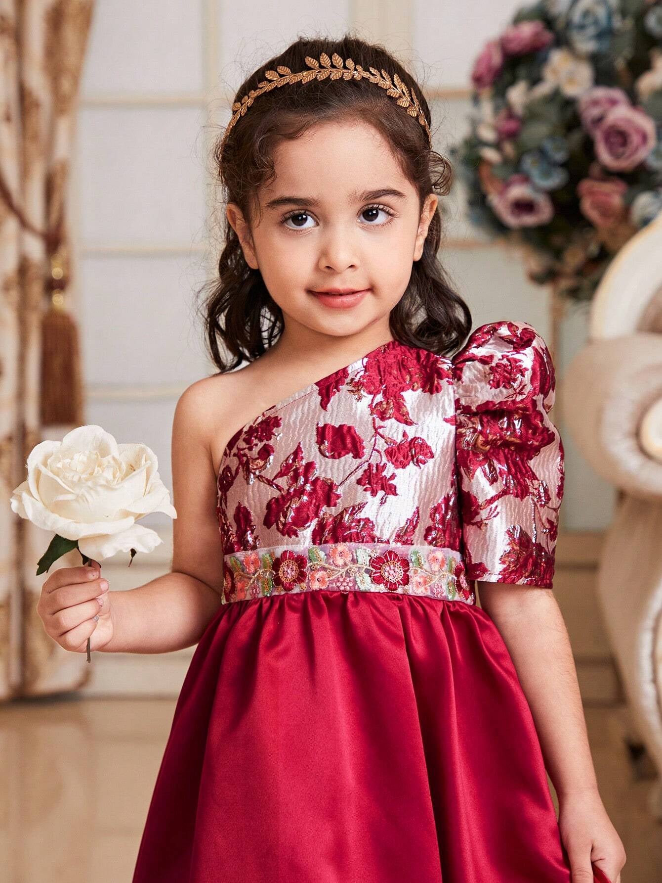 Young Girls' Pretty Stylish Jacquard Splice Oblique-Shoulder Puff Sleeve Mid-Length Dress with A-Line Hem