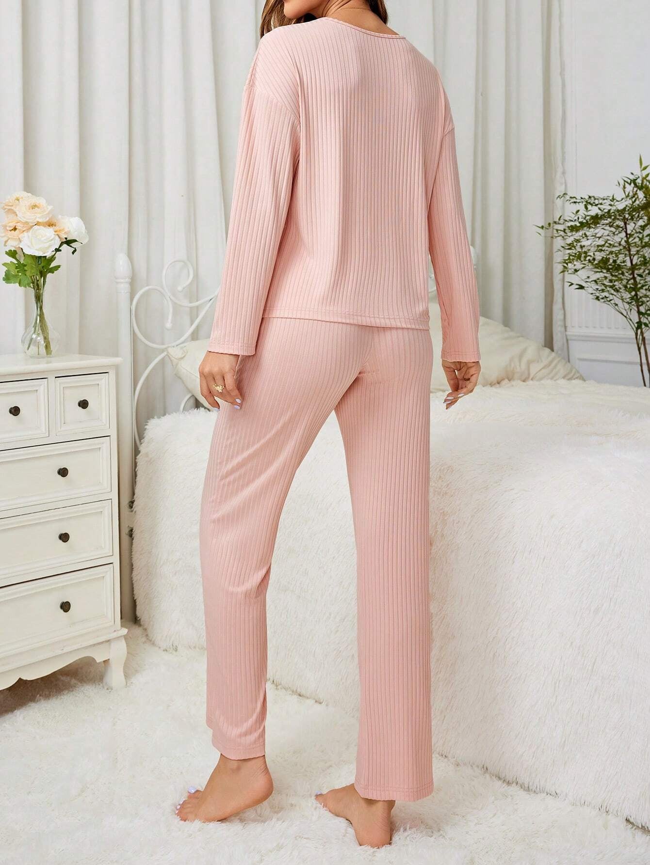 Solid Color Ribbed Long-Sleeved Loungewear Suit