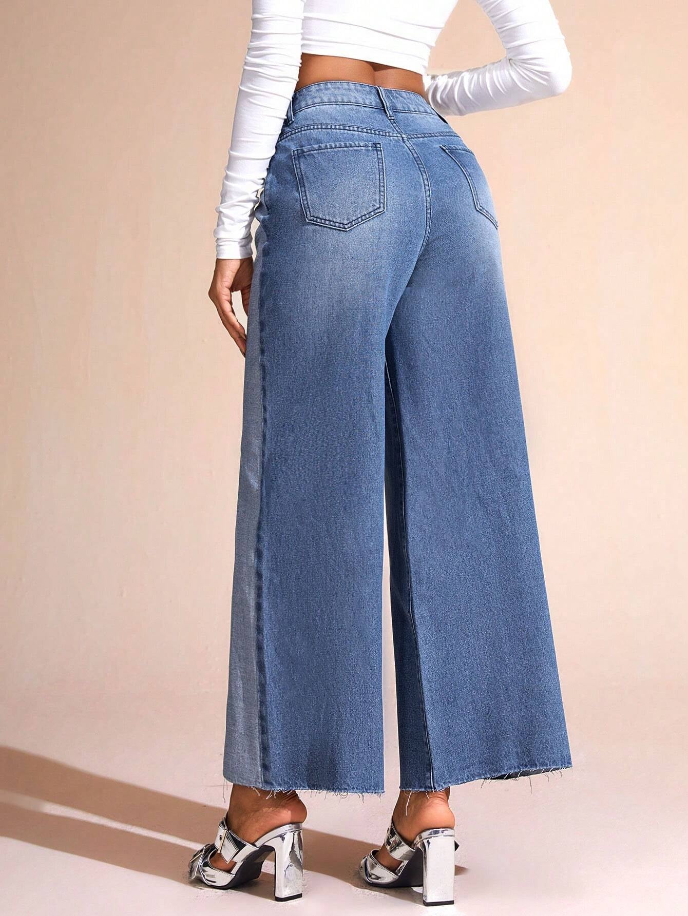 BAE Color Block Wide Leg Casual Denim Pants