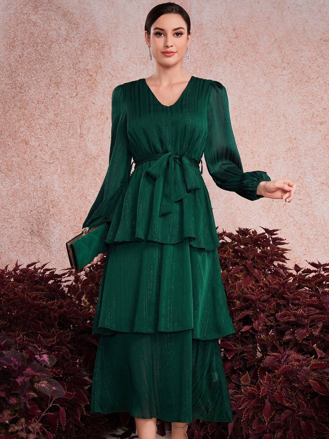 Modely Ladies' Solid Color V-Neck Lantern Sleeve Dress