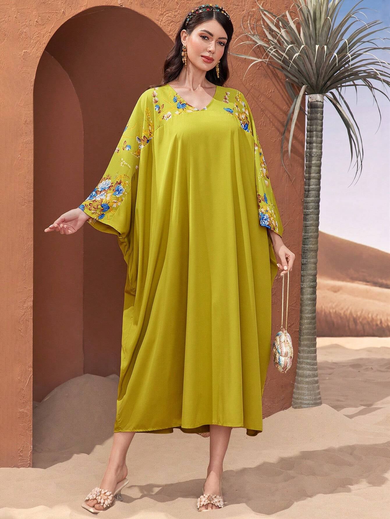 Najma Batwing Sleeve Dress with Plant Pattern Print