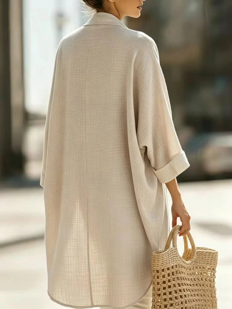 SHEIN كارديجان نسائي طويل من الكتان المجعد فضفاض بلون كاكي