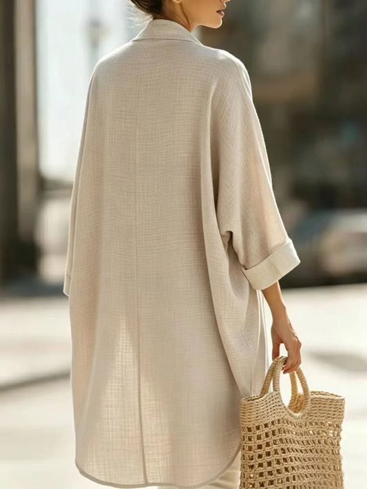SHEIN كارديجان نسائي طويل من الكتان المجعد فضفاض بلون كاكي