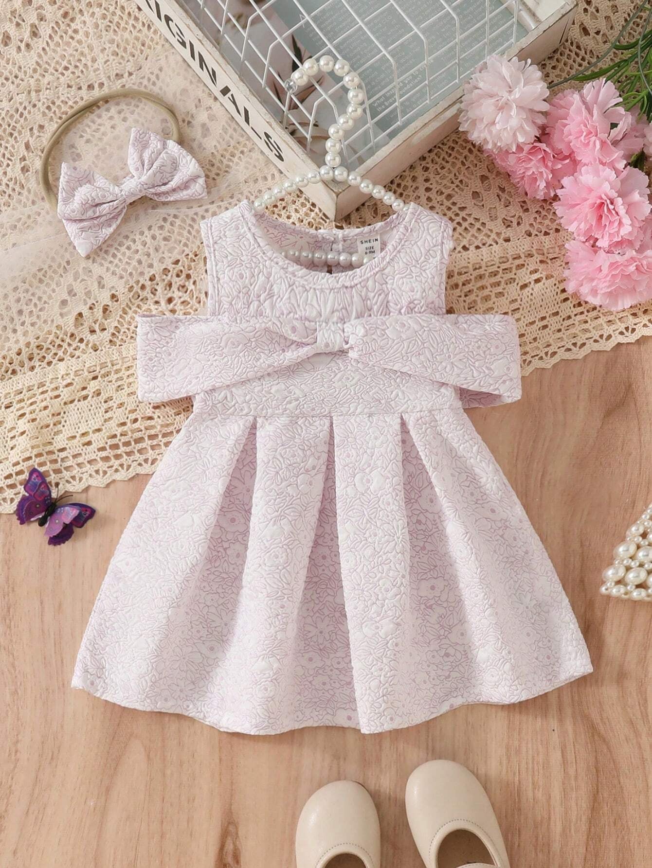 Baby Girls' Simple Jacquard 3D Puff Cold-Shoulder Dress