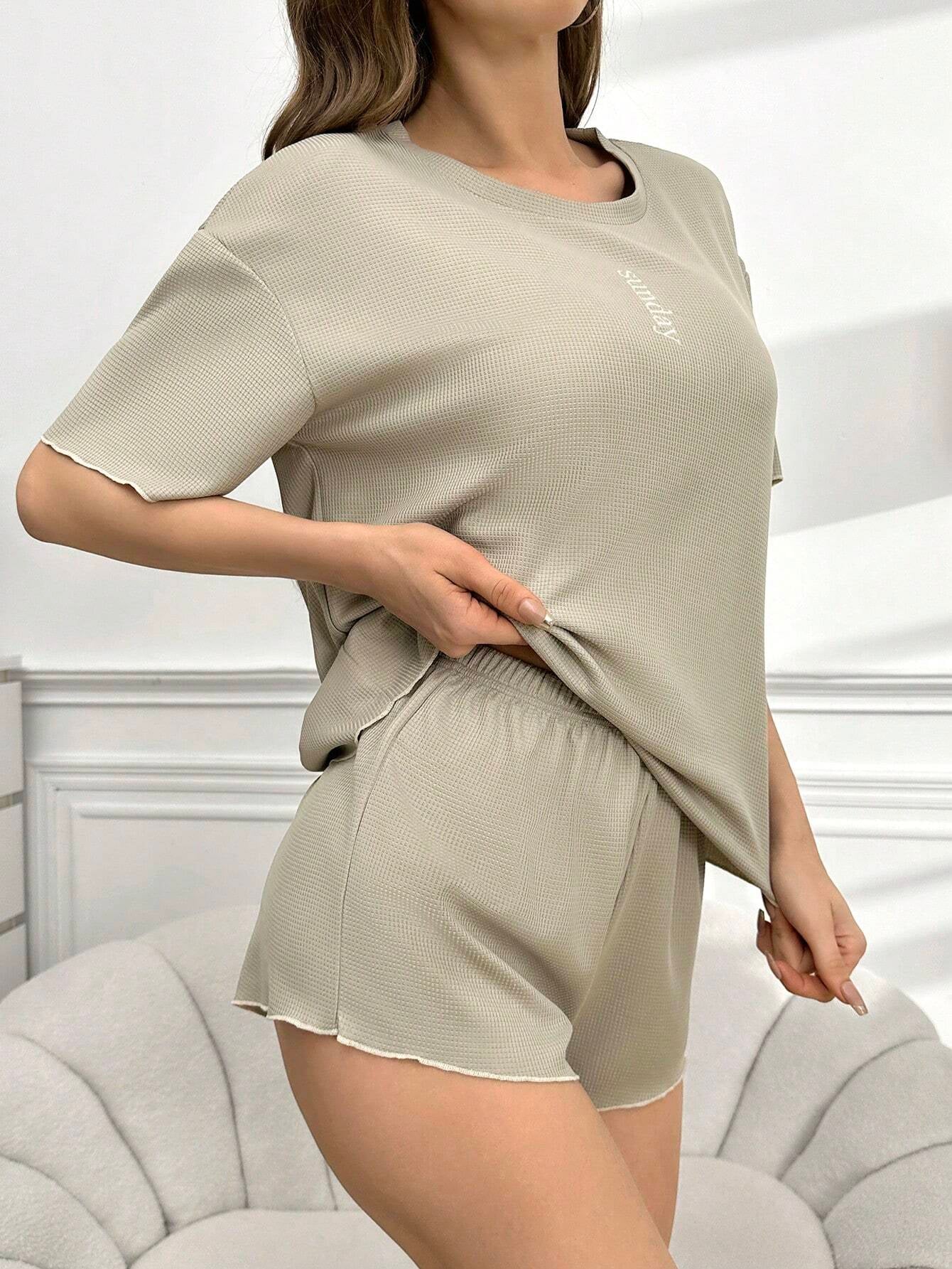 Slogan Embroidered Loose Short Sleeve T-Shirt and Shorts Homewear Set
