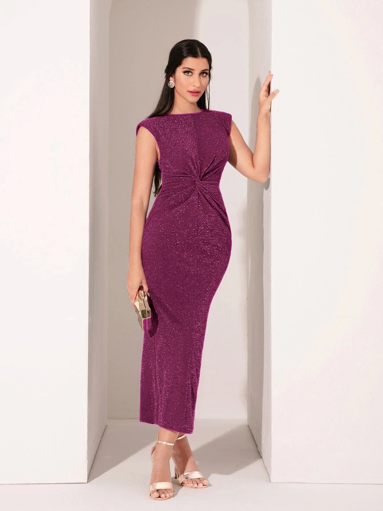 Modely Shoulder Pad Twist Front Glitter Dress