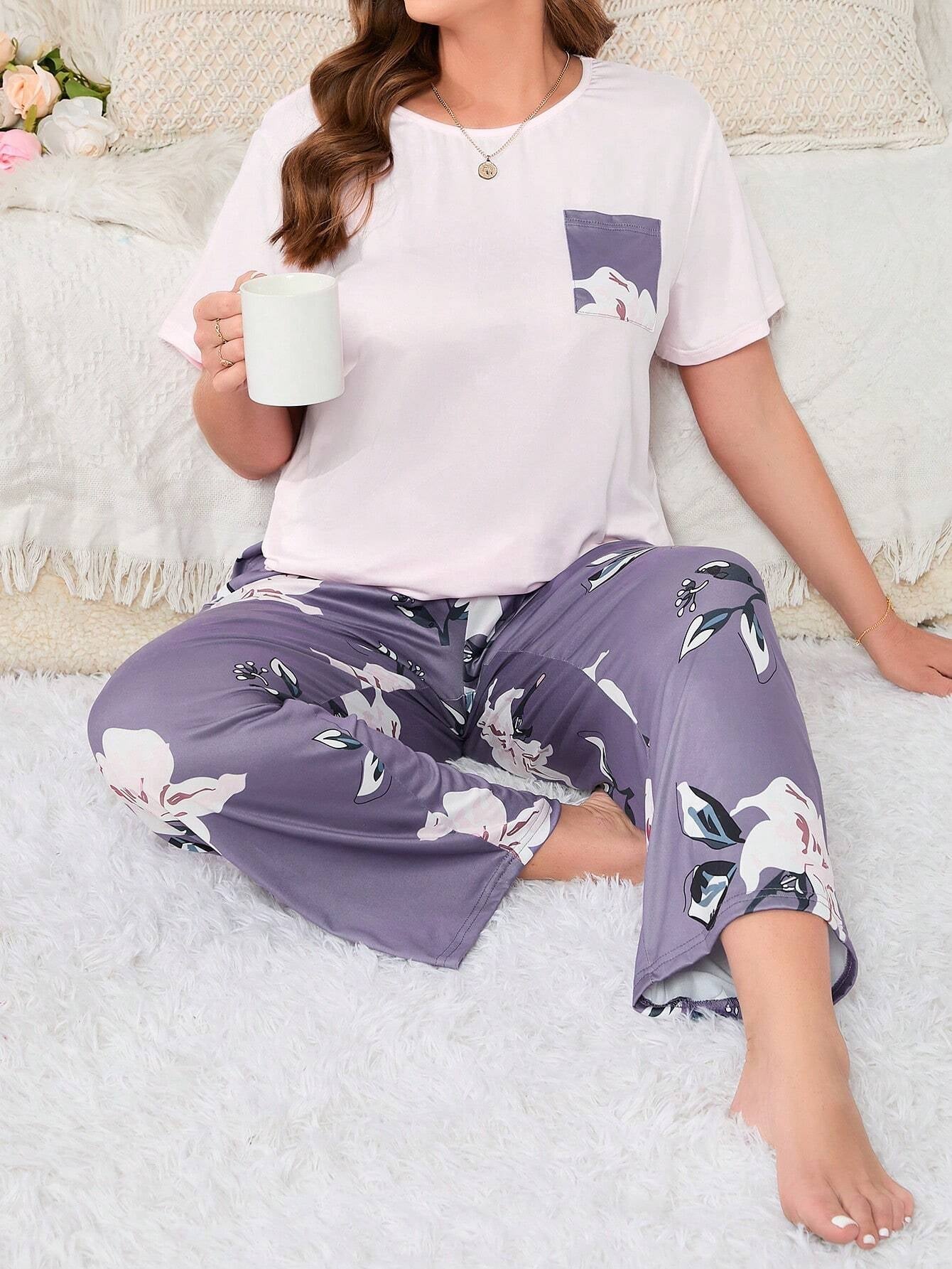 Plus Size Flower Print Pajama Set